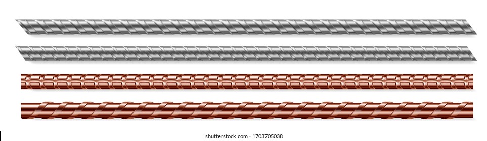 Metal rods, steel and copper bars set isolated on white background. Reinforced iron rebars for building construction engineering works, metallic rigid fittings, armature realistic 3d vector mock up