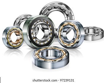 Metal roller bearings on white background, vector illustration