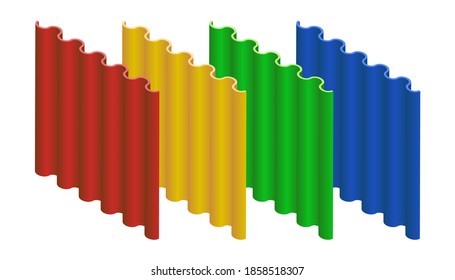 Metalldach, Metallsiding, Profilummantelung zum Umhüllen oder Umzäunen. Galvanisierte eiserne isometrische Blätter, Vektorsymbole. Wellpappe Dachböden einzeln auf weißem Hintergrund. Farbige Schieferschiefer. 3D.