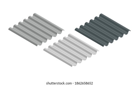 Metal roof, metal siding, Profiled sheeting for covering or fencing. Galvanized iron isometric sheets, vector icons. Corrugated roofing sheets isolated on white background. Black and white wavy slate.