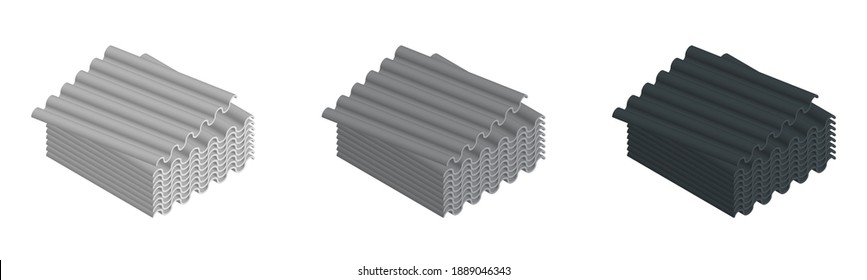 Metal roof, metal siding, profiled sheeting for covering or fencing. Galvanized iron isometric sheets, vector icons. Corrugated roofing sheets isolated on white background. Black and white wavy slate.