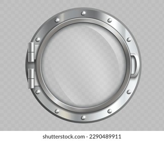 Metal round porthole with glass window. Vector template isolated on transparent background.