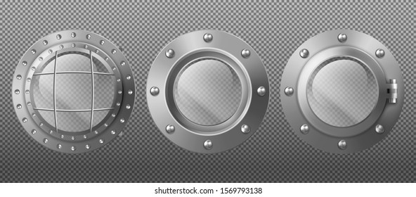 Metal round portholes in ship, submarine or spaceship. Vector set of realistic steel circle windows illuminators with rivets isolated on transparent background