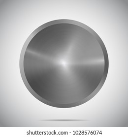 Metal round template with realistic shadow and glare on gradient background. Metallic texture surface. Vector illustration. Mockup for medal, button, print, web, technology. Steel, iron, aluminum icon