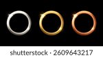 Metal round thick frames set. Vector realistic gold, silver and bronze badges with shining effect isolated on black background. First, second and third place medallion award or button.