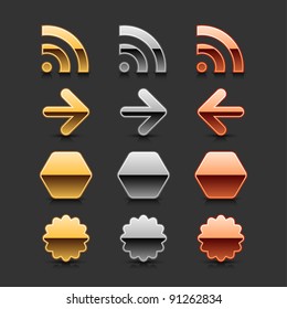 Metal RSS, arrow, hexagon and sticker icon with dark shadow and black drop reflection on gray background