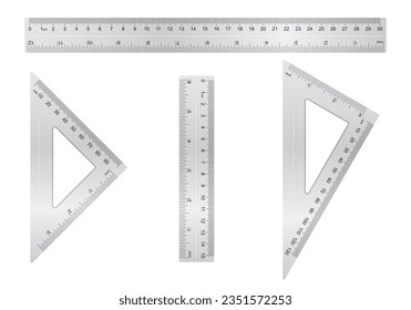 Metal ruler collection. Short, long and triangle ruler with different type of measure. Vector school equipment set.