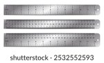 Metal ruler. Dual measurements rulers with precise metric and imperial scales. 12 inches, 30 centimeters and mixed markup scale measurement tool. Realistic metallic meter instrument. 3D Illustration