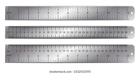 Metal ruler. Dual measurements rulers with precise metric and imperial scales. 12 inches, 30 centimeters and mixed markup scale measurement tool. Realistic metallic meter instrument. 3D Illustration