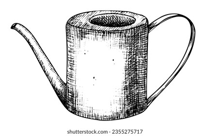 Metal rustic Jug. Hand drawn vector illustration of retro Jar for flowers or liquid on white isolated background. Outline drawing of vintage pitcher for icon or logo. Line art sketch of kitchenware.