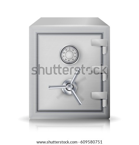 Metal Safe Bank Box Realistic Vector 3D Illustration. Icon Metal Box Locker Safe  Isolated On White Background. Front View. 