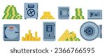 Metal safe boxes with money. Valuables in strongbox. Cash security. Bank vault. Bundles of banknotes and gold bars stacks. Password protected locks. Finance storage