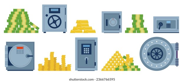 Metal safe boxes with money. Valuables in strongbox. Cash security. Bank vault. Bundles of banknotes and gold bars stacks. Password protected locks. Finance storage