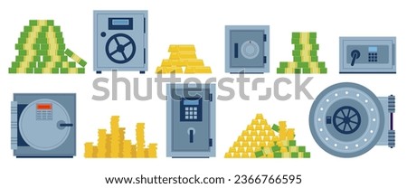 Metal safe boxes with money. Valuables in strongbox. Cash security. Bank vault. Bundles of banknotes and gold bars stacks. Password protected locks. Finance storage