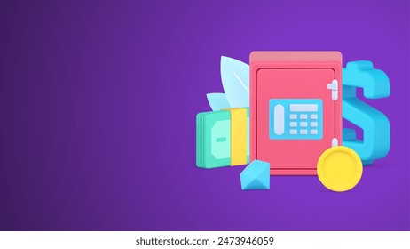 Metal safe with combination lock storage money cash dollar, coin and gems colorful 3d icon isometric template vector illustration. Banking security protect savings safety budget protection isolated