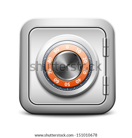 Metal safe icon with combination lock on white background, vector