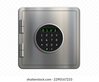 Icono de caja fuerte de metal. Almacenamiento de cerradura de puerta con botones y números. Plantilla de vector aislada en fondo transparente.