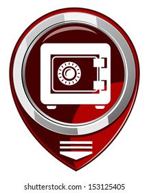 Metal safe Icon. Security concept. Red map pointer