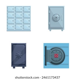 Metal safe icons set cartoon vector. Armored box to protect money and document. Deposit protection, banking service