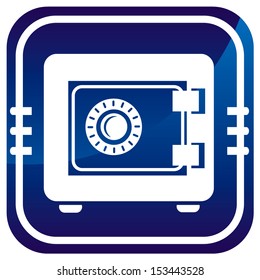 Metal safe on blue button. Security concept. 
