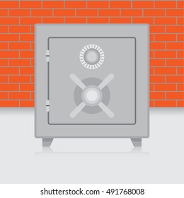 Metal safe on brick wall background. Bank safe and combination safe, vector illustration