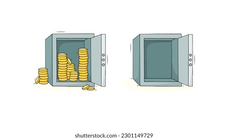 Metal safe with open door, coin stacks. Concept of money safety, protection, bankruptcy, . Vector hand drawn illustration of steel deposit lock box