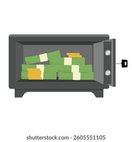 Metal safe with open door full of money isolated on white background. Stack of dollar banknotes.Vector illustration