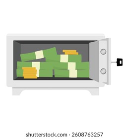 Metal safe with open door full of money isolated on white background. Stack of dollar banknotes.Vector illustration