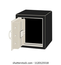 Metal safe with open door. Isolated cartoon safe. Angle view. Flat vector.
