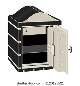 Metal safe with open door. Isolated cartoon safe. Angle view. Flat vector.