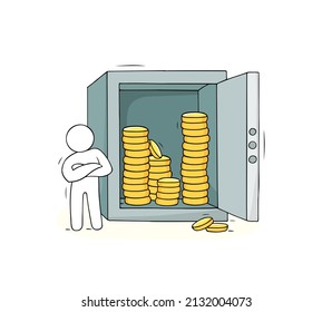 Metal safe with open door, man and coin stacks. Concept of money safety, protection. Vector hand drawn illustration of steel deposit lock box and person