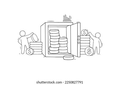 Metal safe with open door, people and coin stacks. Concept of money safety, protection. Vector hand drawn illustration of steel deposit lock box and persons