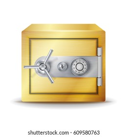 Metal Safe Realistic Vector. Gold Deposit Box For Safety Concept. Combination lock