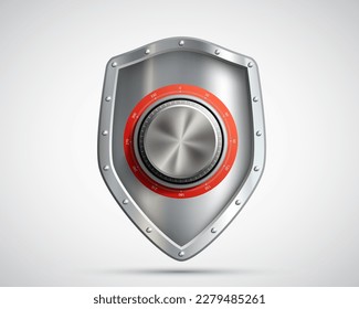 Metal safe as a shield with a coded wheel lock. Vector icon isolated on white background.