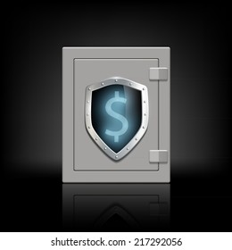 metal safe with a shield which shows the dollar sign