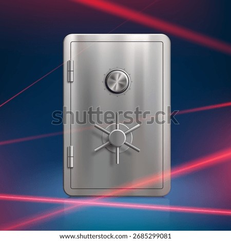 Metal safe vaulted door with a combination lock. Red security beams of a bank alarm. Vector illustration.