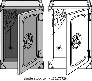 Metal safe in vector graphics, in color and outlines, empty inside.