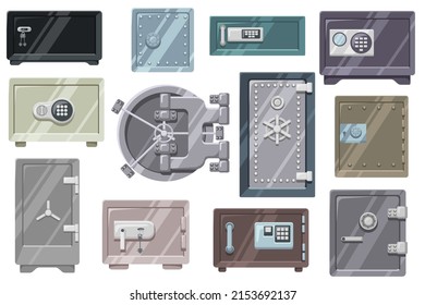 Metal safes. Lock box, safety vault door and secure storage with key locked and code locks vector set. Stainless banking equipment with security password, money savings protection objects
