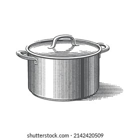 Metal saucepan with lid on it. Сookbook etching. Hand drawn engraving style vector illustration.