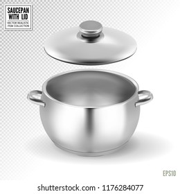 Metal saucepan with lid. Realistic vector on transparent background, 3d illustration
