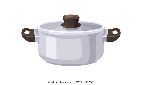 Metal saucepan. Stainless steel sauce pan, kitchen cooking utensil. Clean aluminum pot covered with glass lid, kitchenware. Flat vector illustration isolated on white background