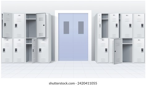 Metal school lockers set vector illustration isolated on white background. Stainless steel lockerroom, cabinet rows, storage furniture collection