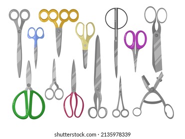 Metal scissors cartoon illustration collection. Steel equipment for trimming or hairdressers, open and closed shears, paper cutting tools, hair cutters on white background. Craft concept