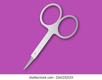 Metal scissors on a lilac background, the scissors are silver and it is a flat design