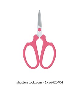 Metal scissors with pink handles. The tool of a florist, hairdresser, tailor, seamstress, manicure master. Vector stock flat illustration isolated on a white background