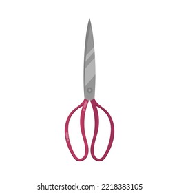 Metal scissors with red handle cartoon illustration. Steel equipment for trimming or hairdressers, closed shears, paper cutting tool for stationery, hair cutters on white background. Craft concept