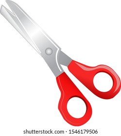 Metal scissors with red handles. Vector icon.