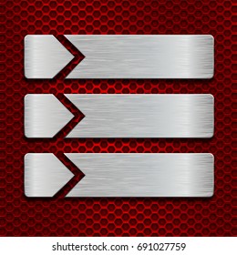 Metal scratched plates on red perforated background. Vector 3d illustration