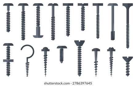 Metal screw and bolt collection in flat style. Includes industrial fastener, hardware and construction fixing elements