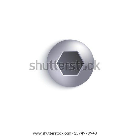 Metal screw head with button hexagon socket, rounded dome shape steel bolt cap from top view, metallic chrome textured industrial construction object - isolated realistic vector illustration